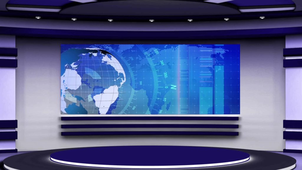 CGI news studio set with circular stage digital screen global map cool blue purple tones Wallpaper