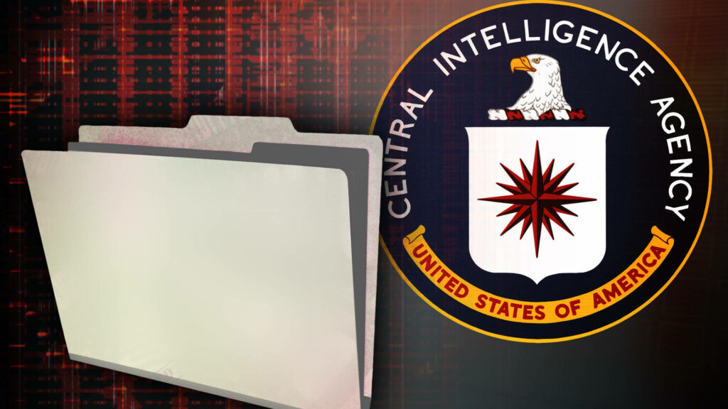 CIA logo next to gray confidential folder on dark high-tech background with red grid lines wallpaper