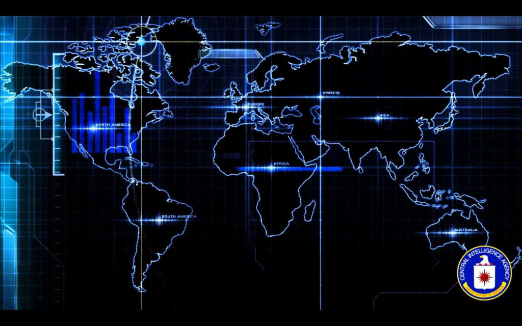 CIA logo on black world map with glowing blue grid high-tech espionage wallpaper background