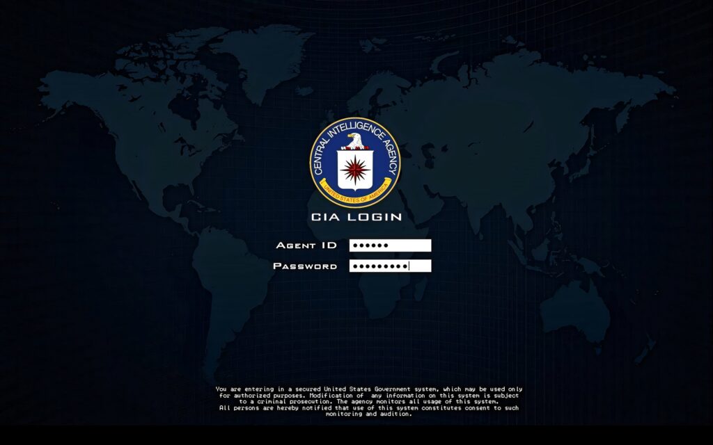 CIA logo and login screen on dark world map background with high-tech intelligence security design Wallpaper