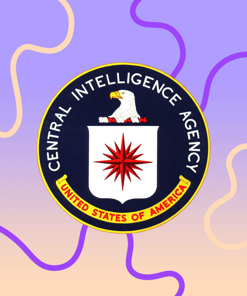 CIA logo wallpaper with red starburst eagle shield yellow frame and pastel purple peach waves