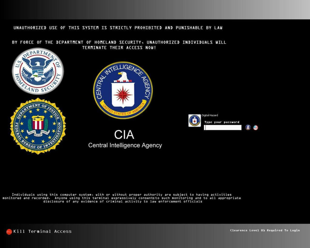 CIA and Department of Homeland Security logos with cybersecurity warnings on dark digital background Wallpaper