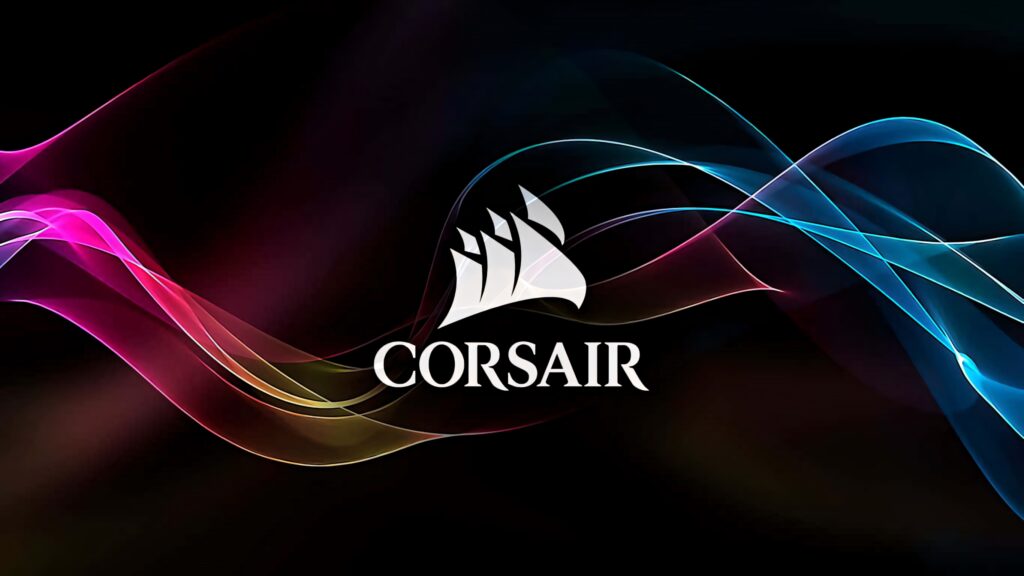 CORSAIR wallpaper with black background vibrant multicolored flowing lines and bold white logo