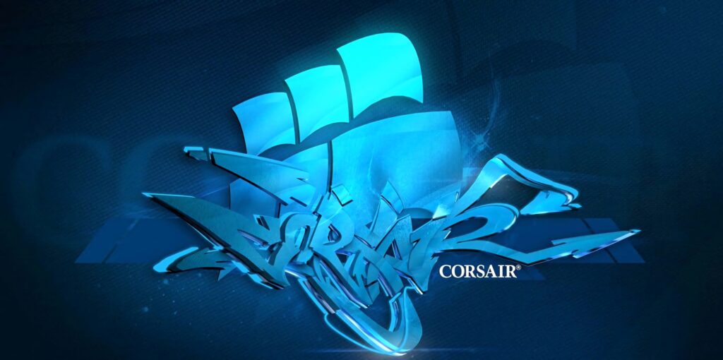 CORSAIR wallpaper with blue 3D graffiti logo and iconic ship emblem digital street art background