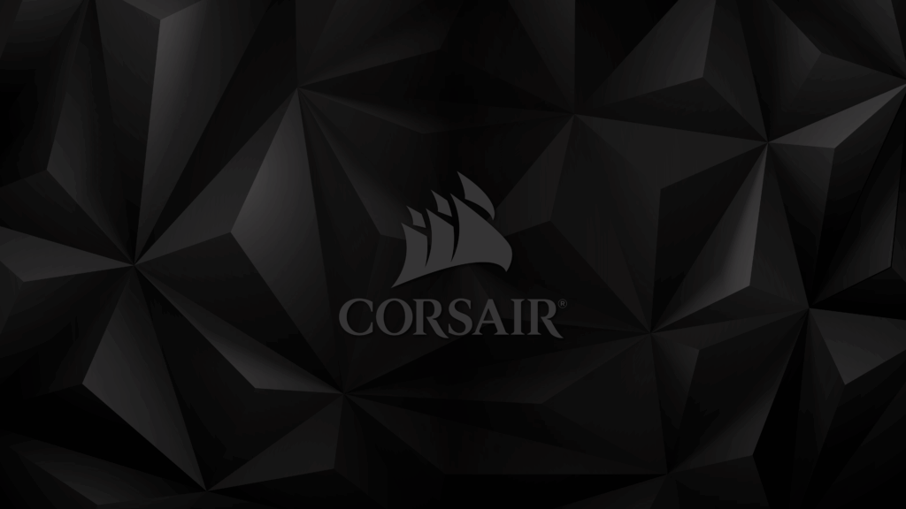 CORSAIR wallpaper with dark 3D geometric polygons and central logo for modern tech aesthetic