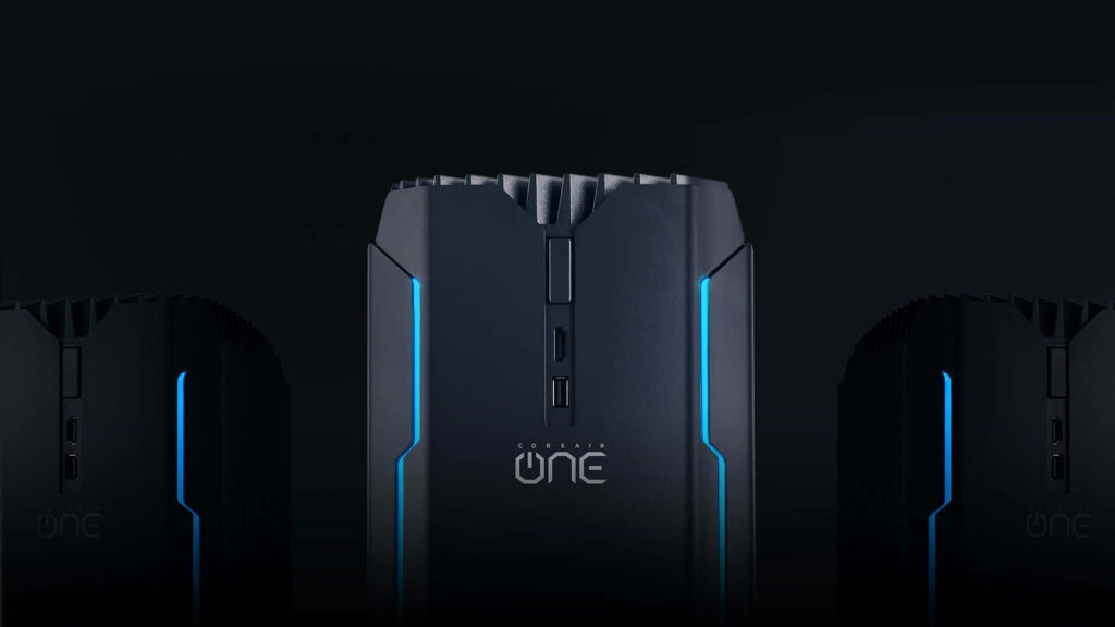 CORSAIR gaming PC tower with blue LED lights futuristic design on dark high-performance background Wallpaper