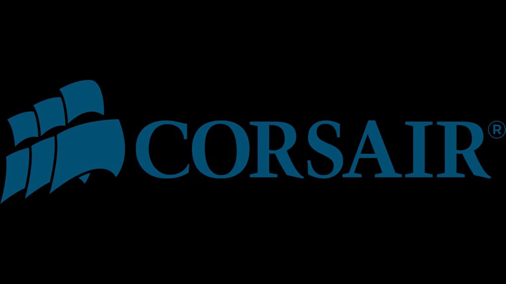 Corsair logo in bold blue on sleek black background modern tech wallpaper background design