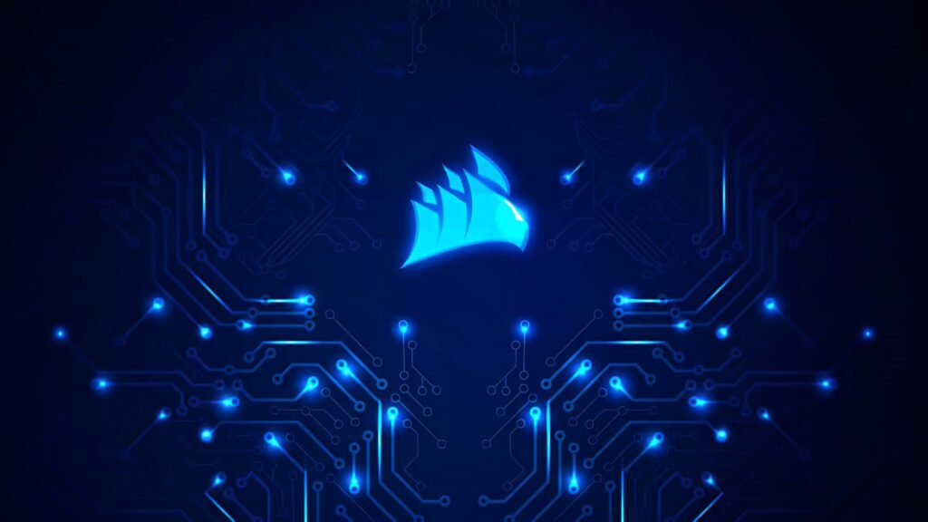 CORSAIR logo glowing blue with futuristic circuit patterns on dark high-tech digital wallpaper
