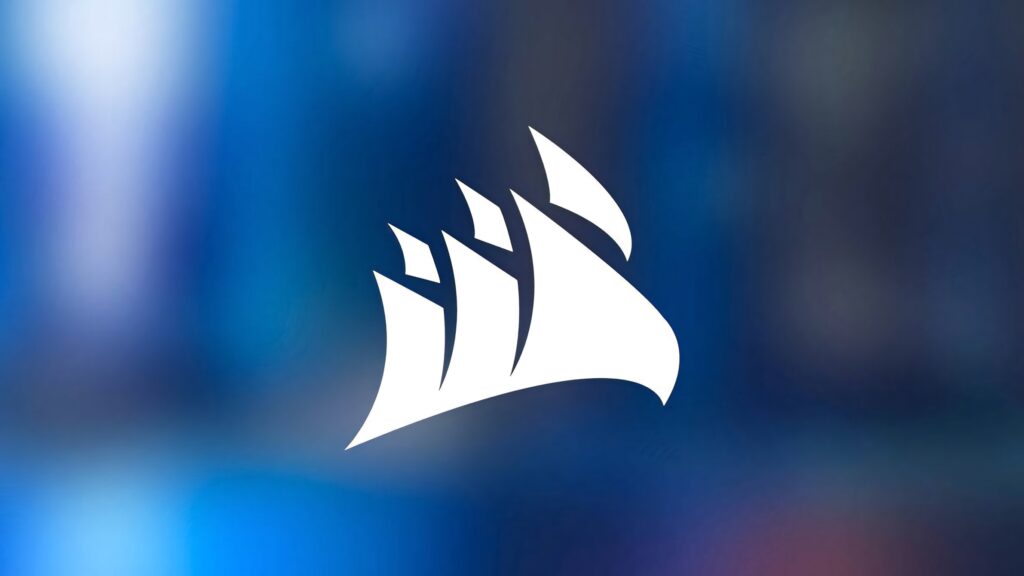 CORSAIR logo white on sleek blurred blue gradient background modern minimalist gaming wallpaper