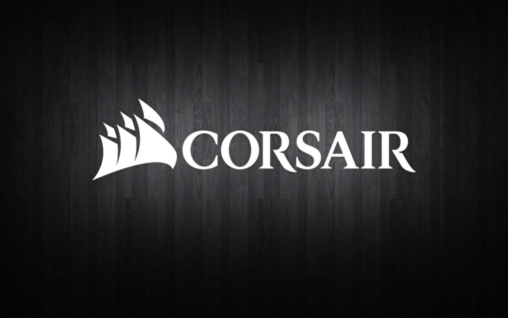 CORSAIR white logo centered on dark wood textured background modern sleek wallpaper