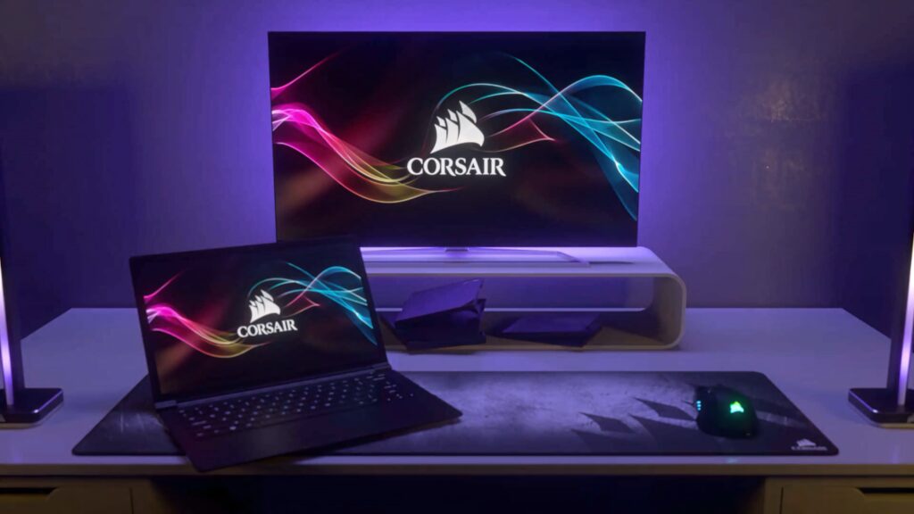 CORSAIR logo on dark background with vibrant neon waves high-tech gaming wallpaper design