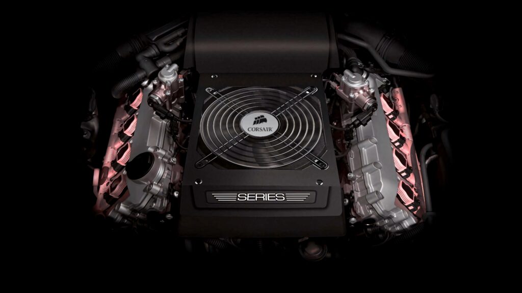 CORSAIR wallpaper with automotive engine design metallic textures pink lighting sleek dark theme