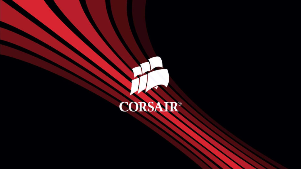 CORSAIR wallpaper with white ship logo on black background and dynamic red flowing lines design