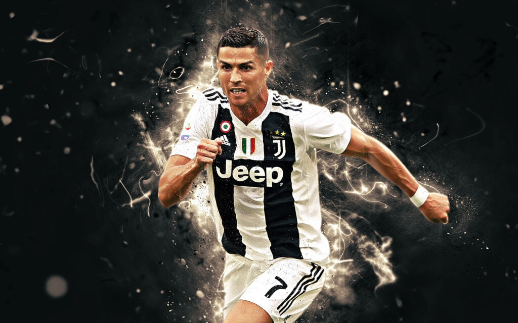 Electrifying 4K Wallpaper of Cristiano Ronaldo in Juventus Jersey