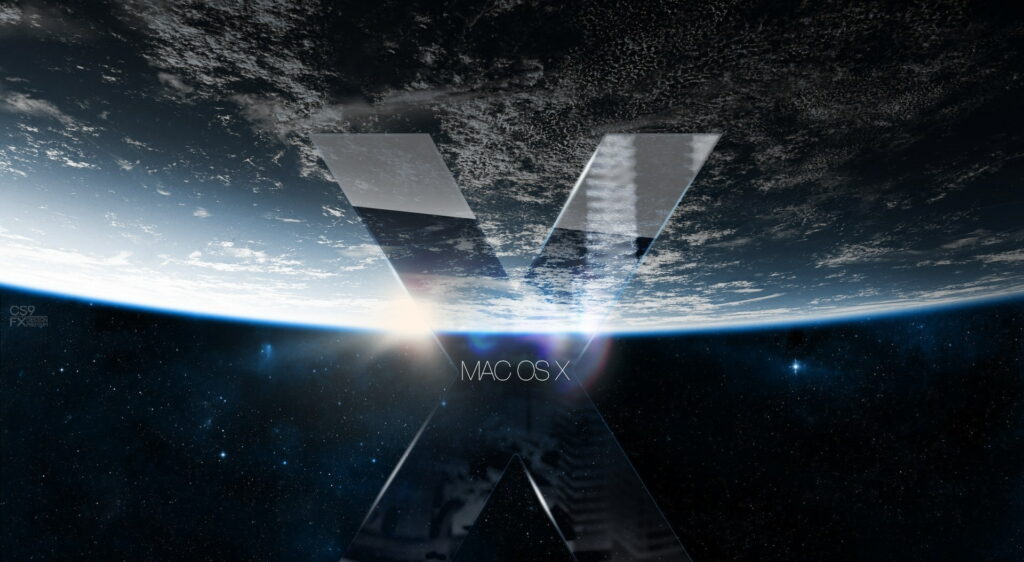 Futuristic HD wallpaper with translucent X emblem Earth view glowing horizon MAC OS X branding