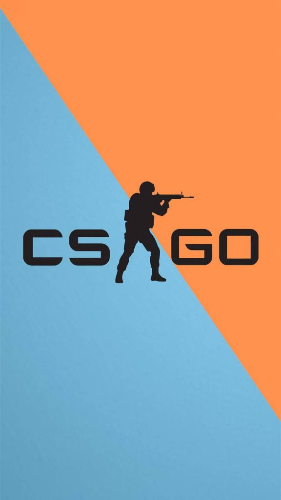 CS GO iPhone wallpaper with black logo soldier silhouette blue orange diagonal background