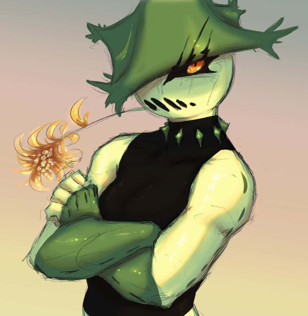 Cacturne man fusion with spiky green armor muscular build earthy tones pastel gradient wallpaper