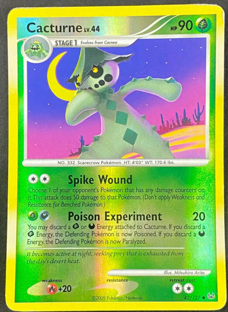 Holographic Cacturne Pokémon card wallpaper with desert tones showcasing Spike Wound move