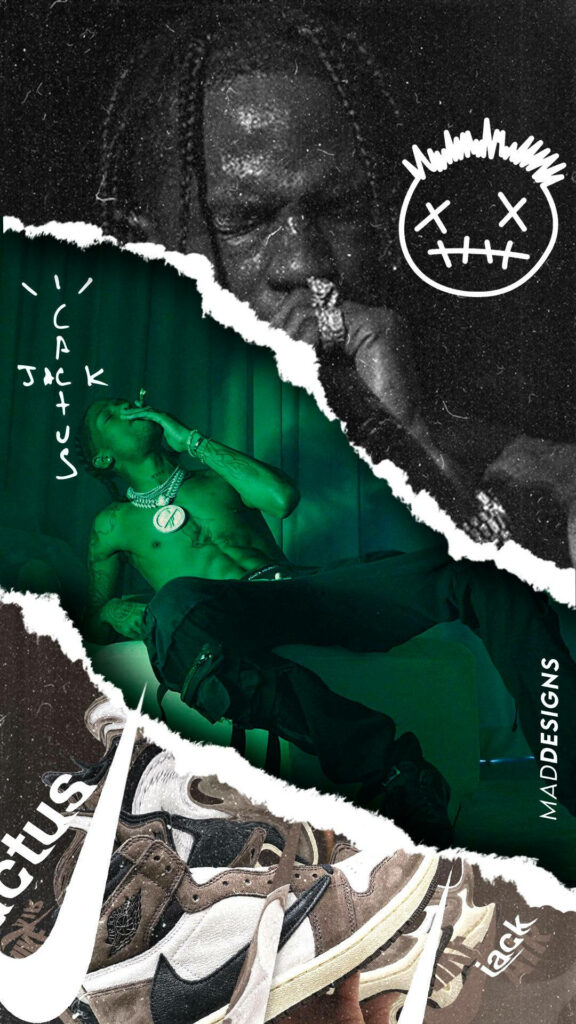 Cactus Jack collage wallpaper with Travis Scott art sneaker graphics graffiti green black tones