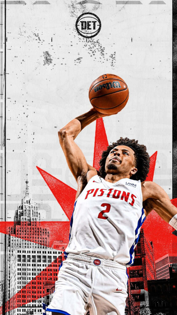 Cade Cunningham Detroit Pistons soaring for basketball play vibrant Detroit cityscape background wallpaper