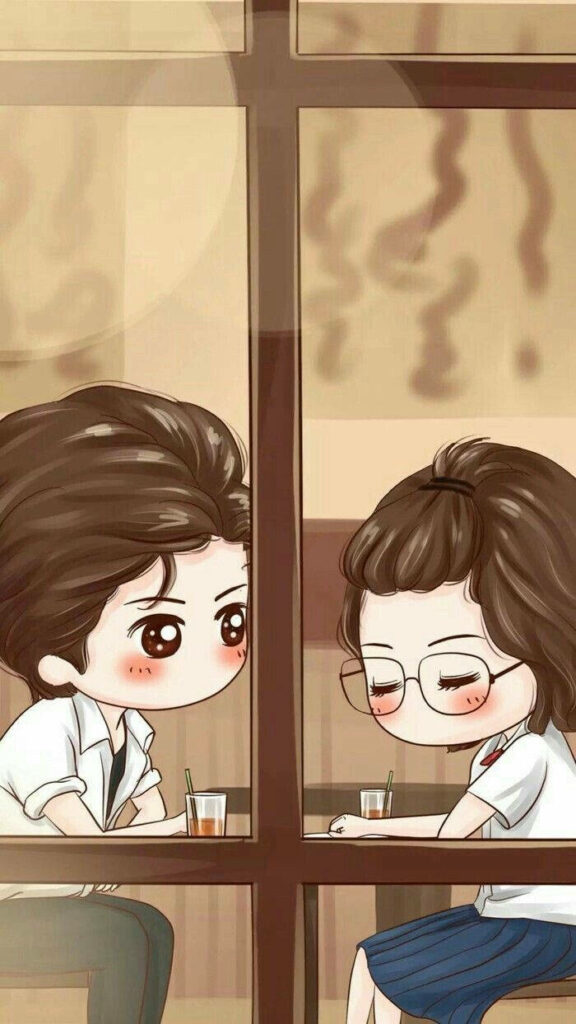Charming Chibi Lovebirds Savoring a Cafe Date in School Uniforms - Whimsical Window View Wallpaper