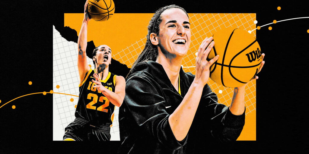 Caitlin Clark basketball wallpaper vibrant orange black background dribbling preparing to shoot