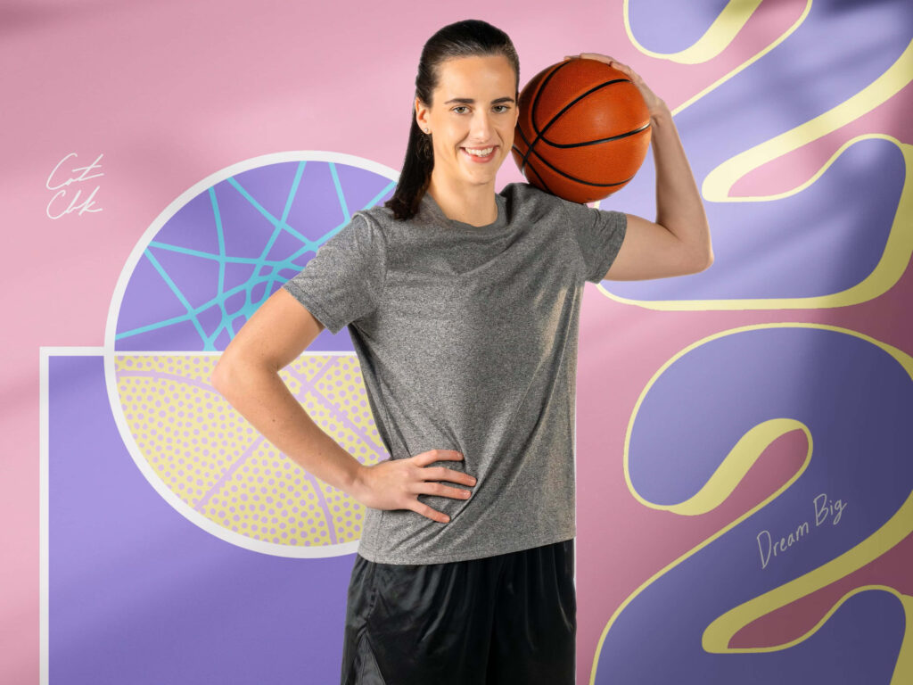 Caitlin Clark in dynamic basketball pose with pastel geometric background and motivational text Wallpaper
