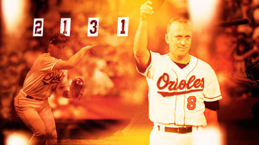 Cal Ripken Jr Baltimore Orioles wallpaper celebrating 2131 games streak in orange gold tones