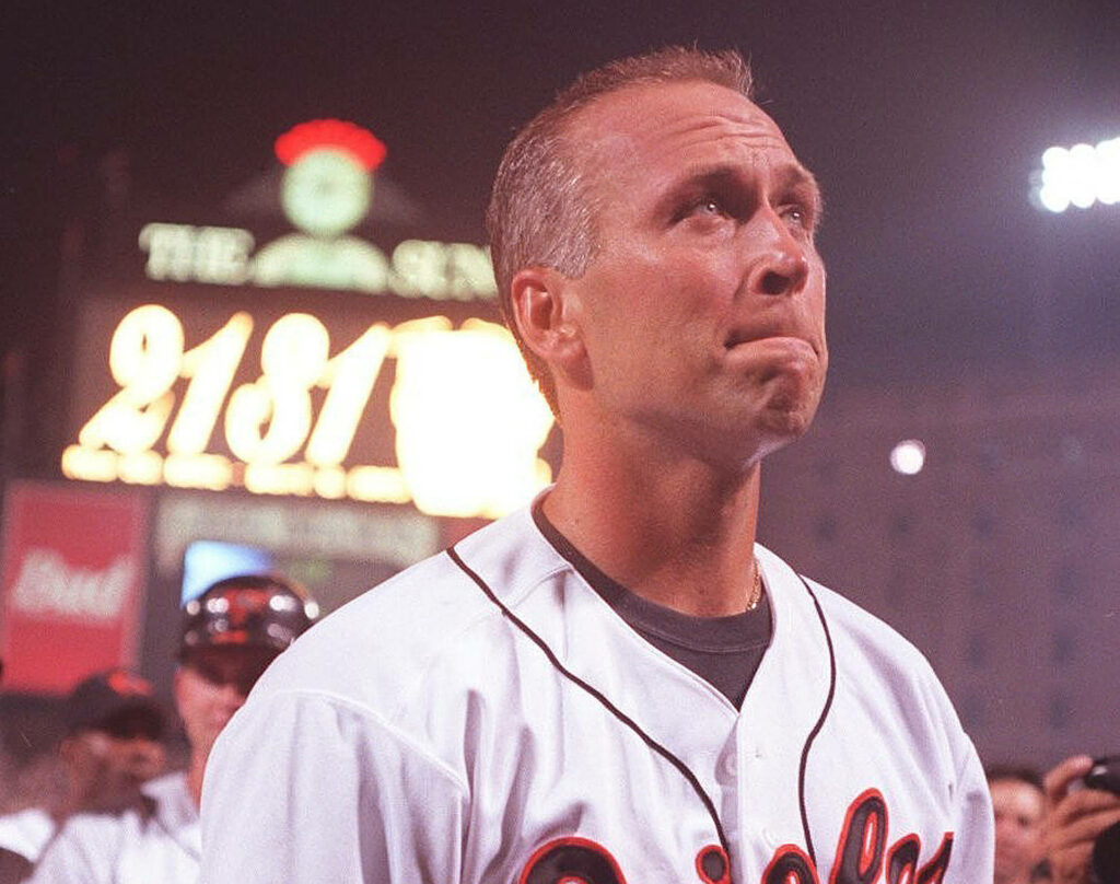 Cal Ripken Jr Orioles jersey emotional proud on field glowing scoreboard night historic baseball wallpaper