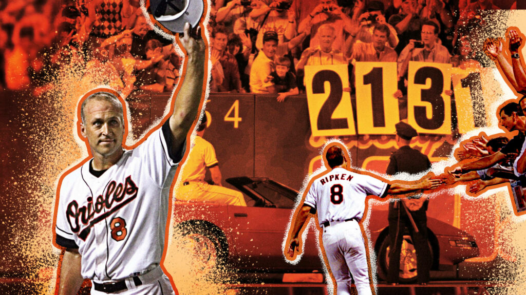 Cal Ripken Jr in Orioles uniform celebrating 2131st consecutive game vibrant fan art wallpaper
