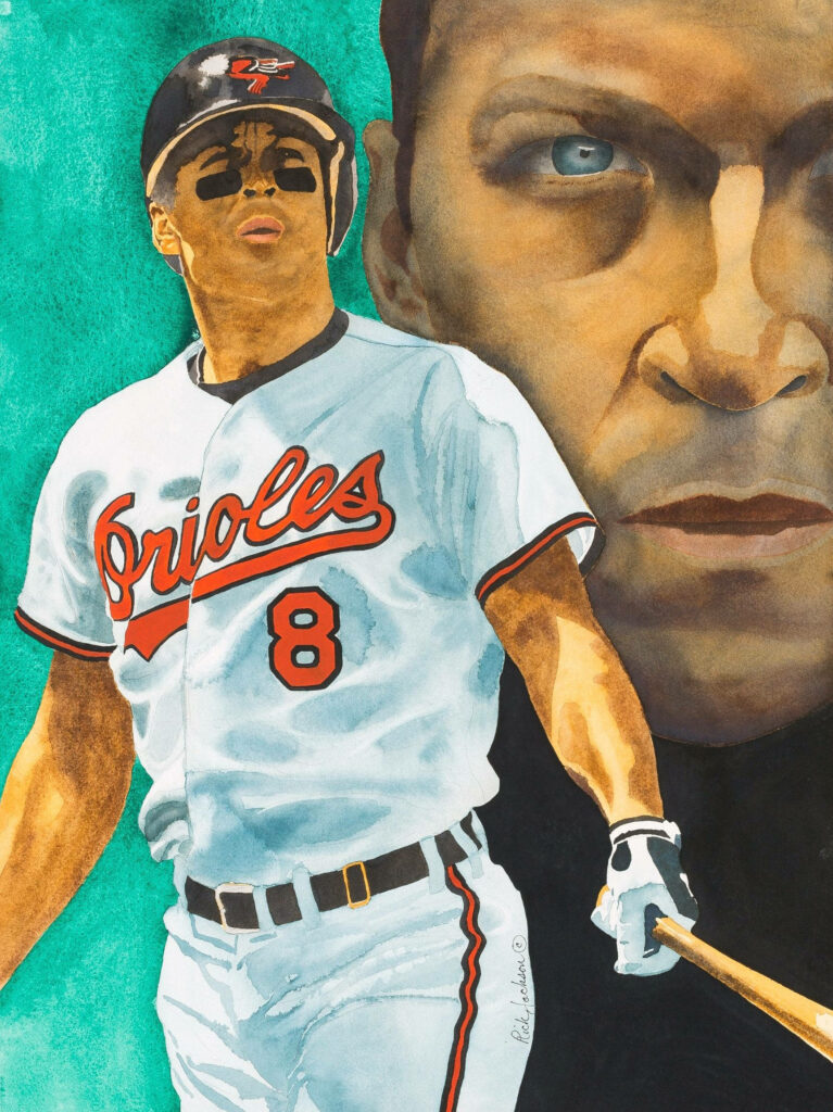 Cal Ripken Jr Orioles realistic painting wallpaper teal background focused expression stance