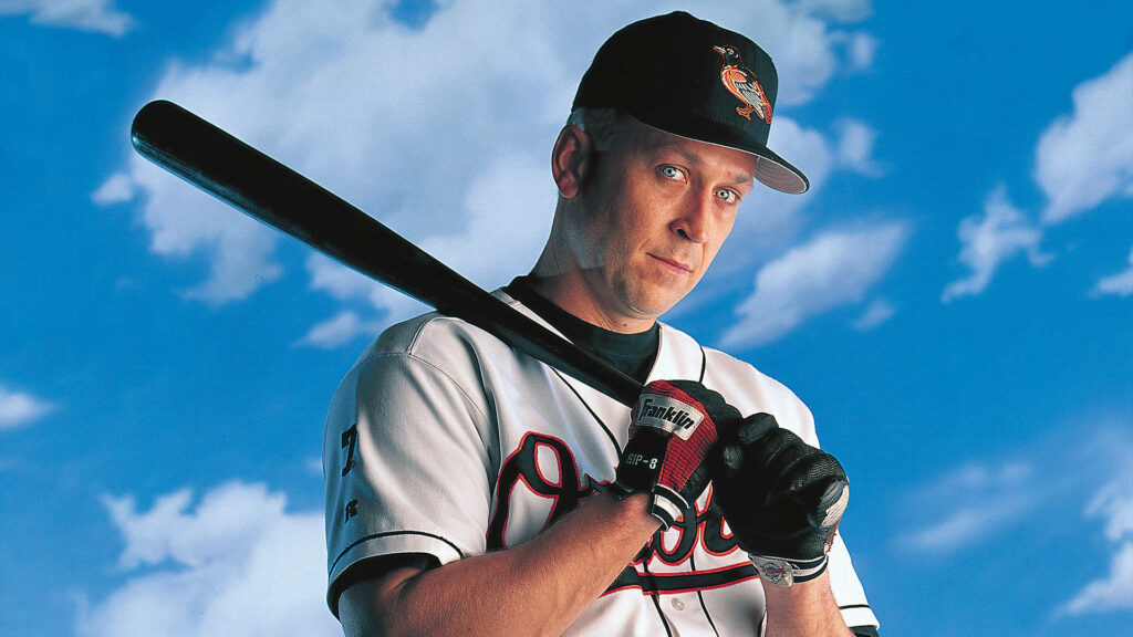 Cal Ripken Jr Orioles uniform holding custom black bat vibrant sky baseball wallpaper background