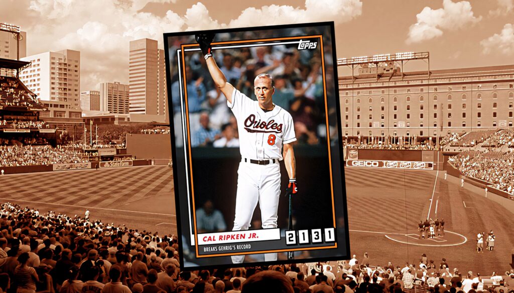 Vintage Topps Cal Ripken Jr baseball card wallpaper with Orioles stadium and city skyline background