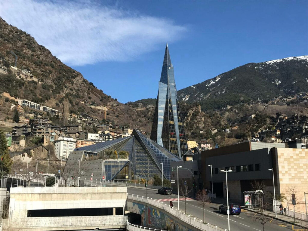 Caldea Spa Wallpaper: Iconic Glass Pyramid & Mountain Views