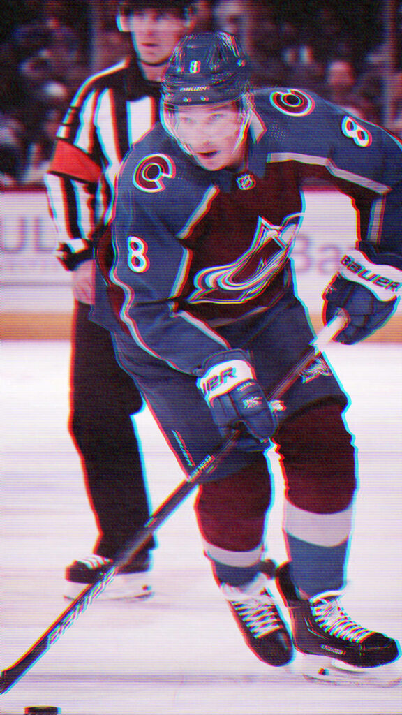 Cale Makar in Colorado Avalanche uniform with glitch effect ice hockey action wallpaper background