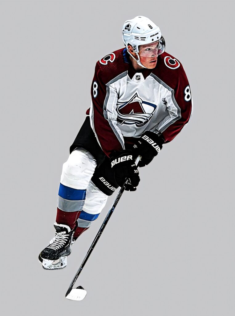 Cale Makar in Colorado Avalanche gear skating dynamic hockey wallpaper background sharp focus
