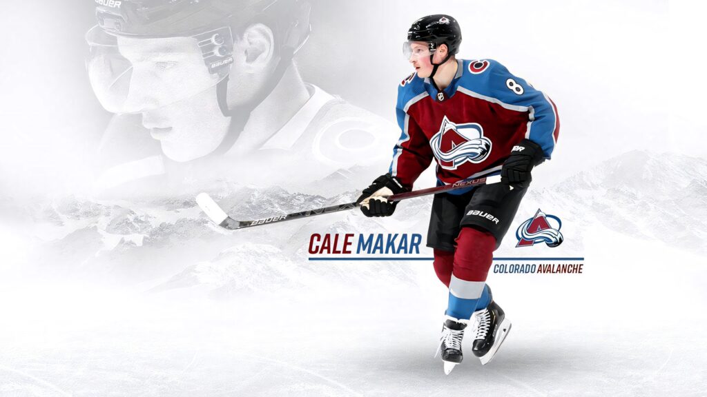 Cale Makar in Colorado Avalanche gear with snowy mountain background high resolution sports wallpaper