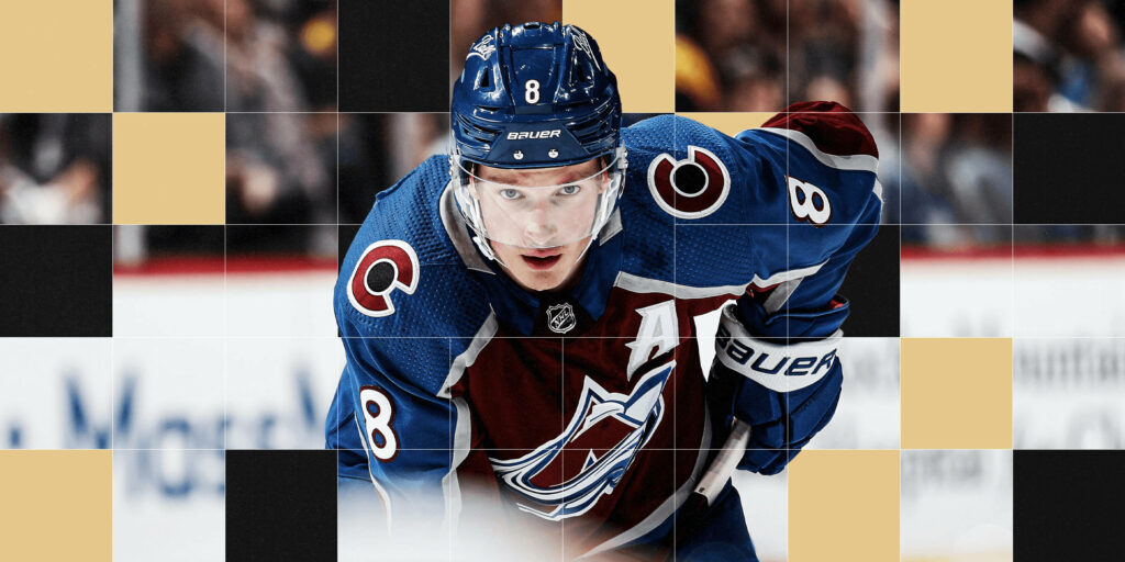 Cale Makar Colorado Avalanche wallpaper with bold checkered design showing speed and focus