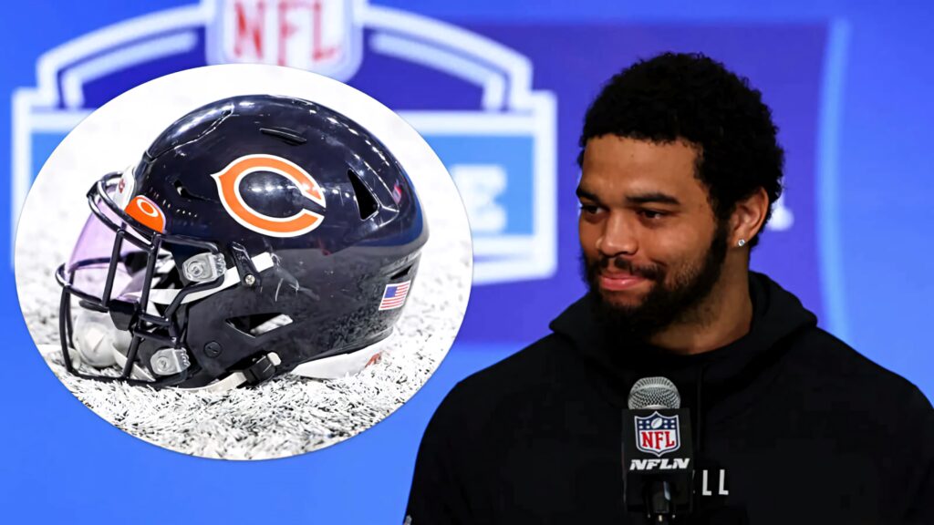 Caleb Williams speaks at NFL press event beside Chicago Bears helmet showcasing team colors wallpaper