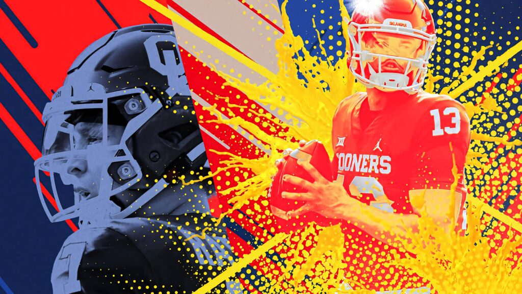 Caleb Williams dynamic football quarterback wallpaper vibrant reds yellows energetic graphic effects