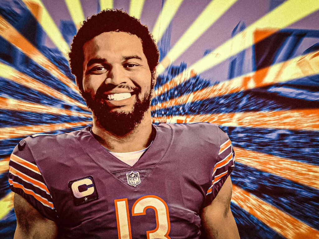 Caleb Williams football wallpaper vibrant orange blue rays powerful leadership background