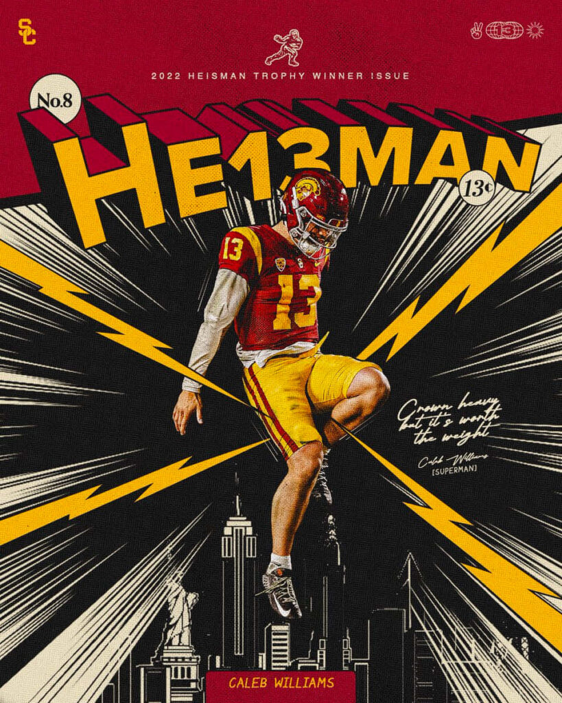 Caleb Williams Heisman winner in bold USC uniform leaping with lightning cityscape background Wallpaper