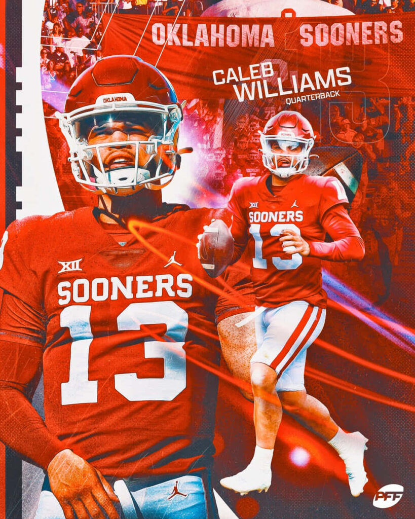 Caleb Williams Oklahoma Sooners quarterback in red uniform dynamic college football wallpaper background