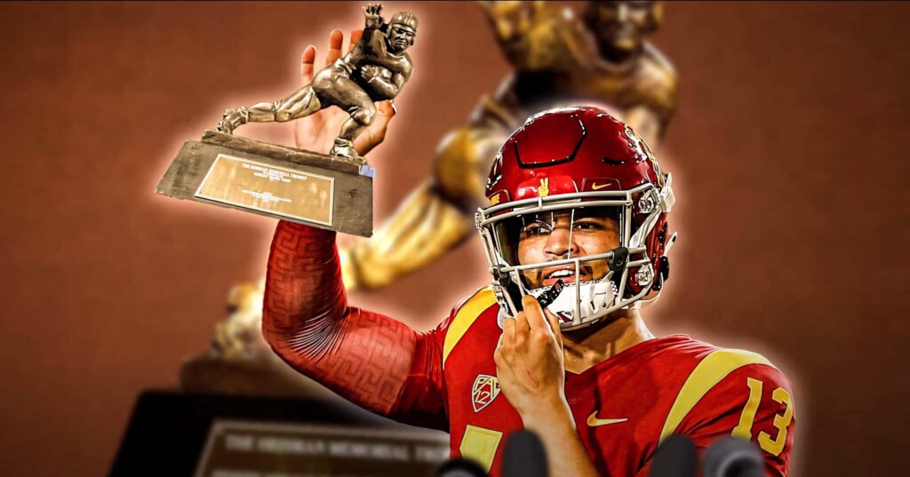 Caleb Williams triumphantly holding football trophy in warm lit wallpaper background celebrating victory