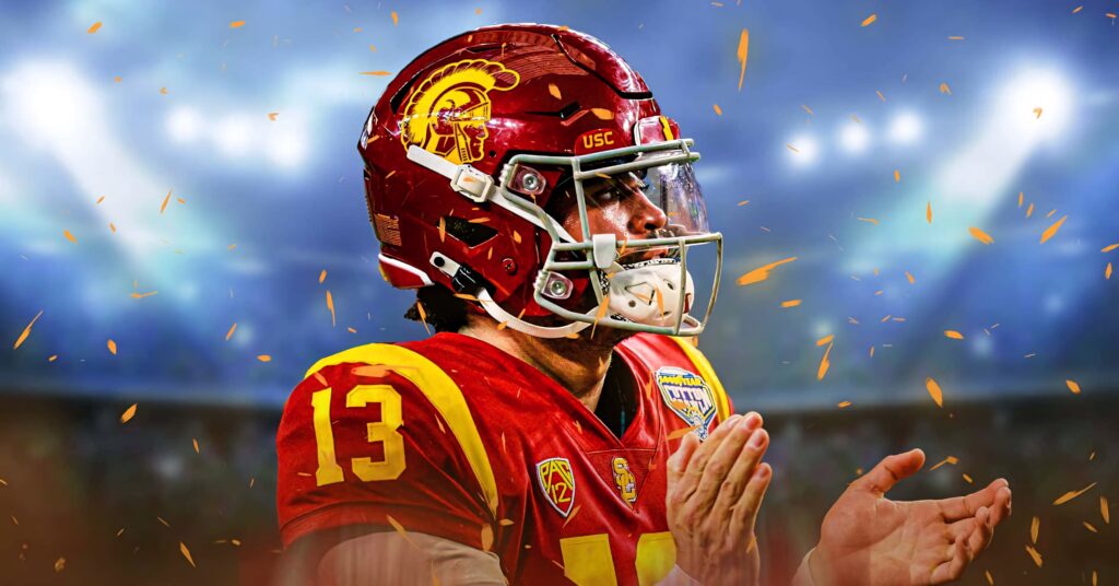 Caleb Williams in USC uniform focused on field with dynamic sparks and vibrant stadium lights Wallpaper