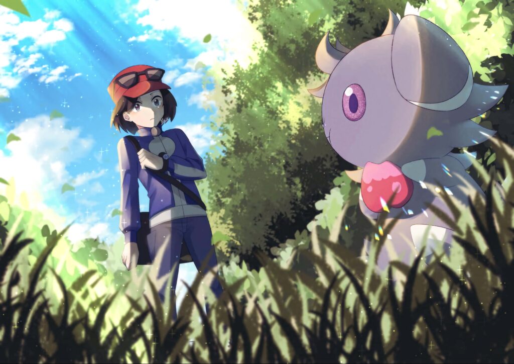 Calem and Espurr anime style magical first meeting in sunlit lush green forest wallpaper background