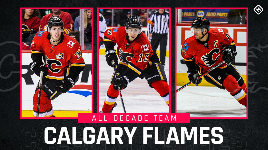 Calgary Flames All Decade Team wallpaper with three star players in red black jerseys on ice