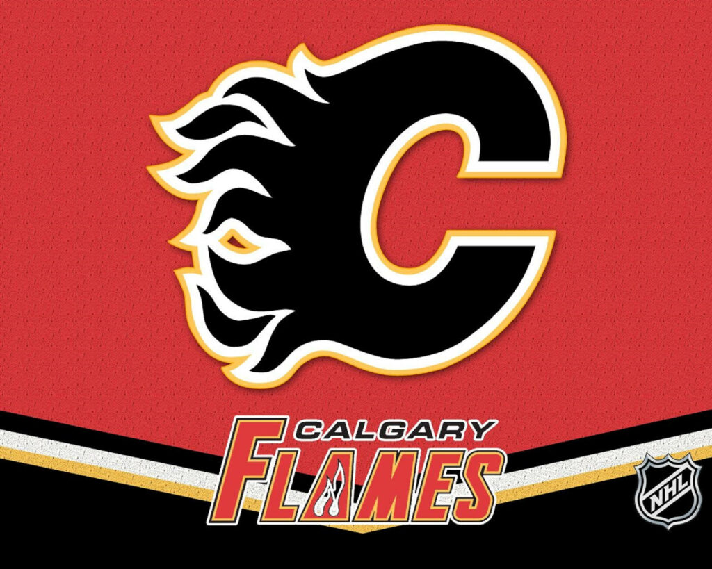 Calgary Flames logo on textured flame red jersey background with gold black accents NHL wallpaper