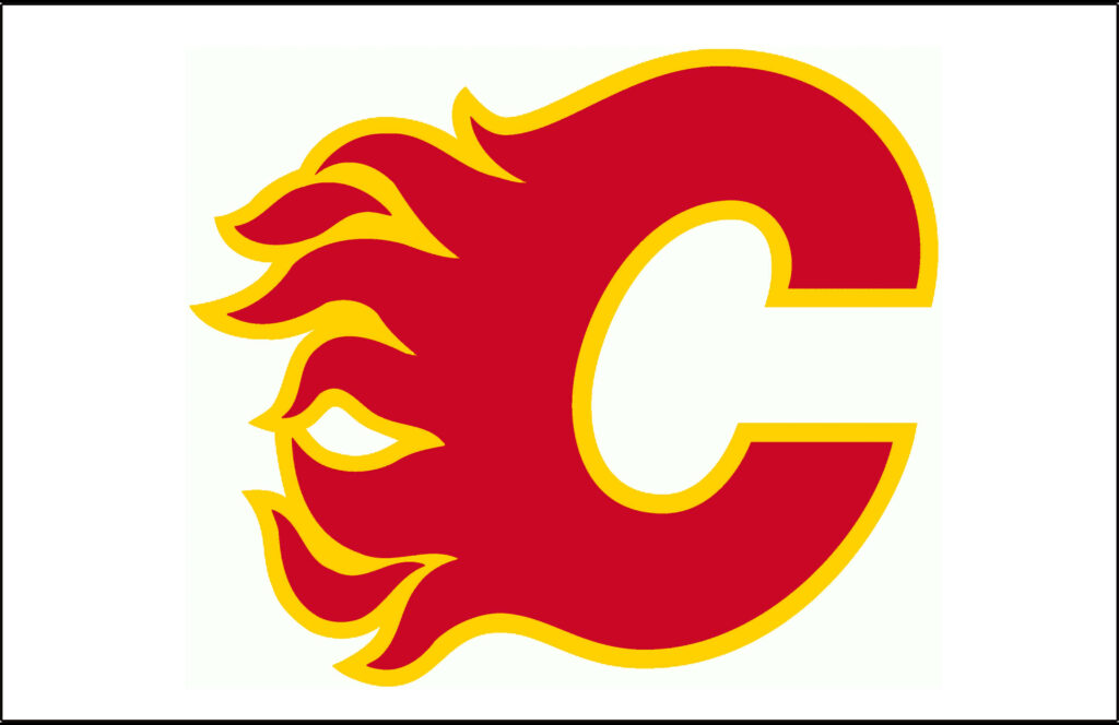 Red Calgary Flames logo outlined in yellow on white background hockey team wallpaper