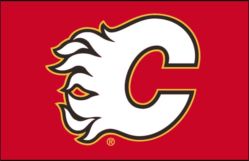 Calgary Flames logo flaming red C with yellow black outlines on vibrant red hockey wallpaper background